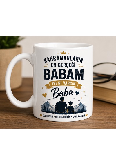 Baba Kupası Kahramanların En Gerçeği Babam Baskılı Beyaz Seramik Kupa Bardak 330 Ml Kahve Çay Kupası Açık Beyaz