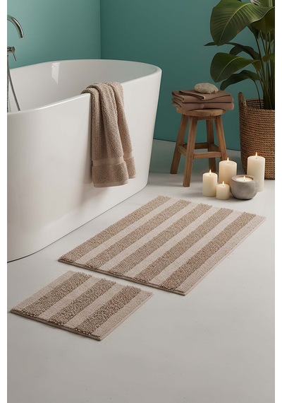 Bej Kabartmalı Çizgili 2 Li Banyo & Klozet Paspas Takımı Bej