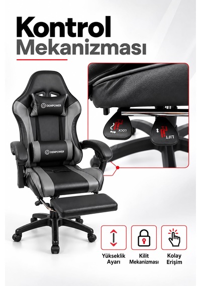 Profesyonel Oyuncu Koltuğu Masajlı Bel Destekli Ayak Uzatmalı Oyuncu Koltuğu Bilgisayar Koltuğu Ofis Koltuğu Yayıncı Koltuğu Gri - Siyah
