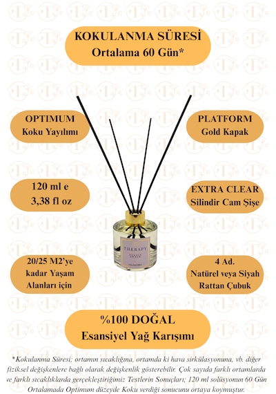 Therapy Smell, Angels Grace - Lüks Çubuklu Oda Kokusu / 120 Ml / Extra Clear Silindir Cam Şişe / Metal Altın Kapak Fresh