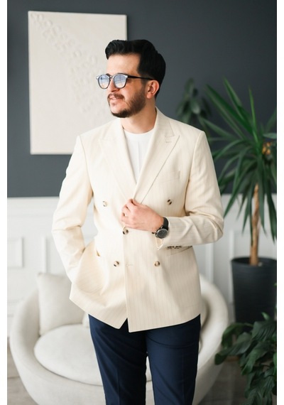 Avni Ceylan Gofre Kumaş İtalyan Stil Slim Fit Kruvaze Erkek Ceket Special Edition Krem