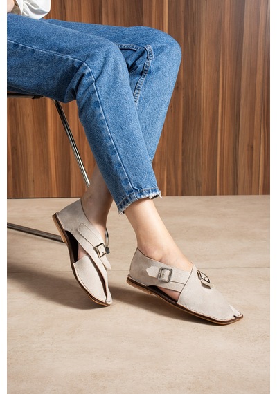 Duxal Shoes Cooper İçi Hakiki Deri Süet Kadın Sandalet Tokalı Günlük Rahat Ayakkabı - Babet Bej