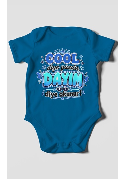 Morivokids Cool Diye Yazılır Dayım Diye Okunur Kısa Kollu Bebek Body %100 Pamuk Koyu Mavi