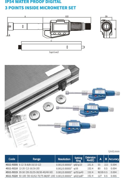 Dasqua 50-100mm Dijital 3 Ayaklı İç Çap Mikrometre Seti Ip54 0.001mm 4511-9220