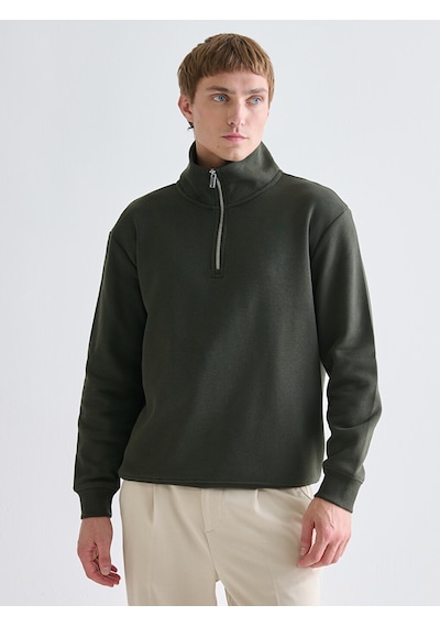 Lcw Vision Haki Fermuarlı Dik Yaka Erkek Kalın Sweatshirt