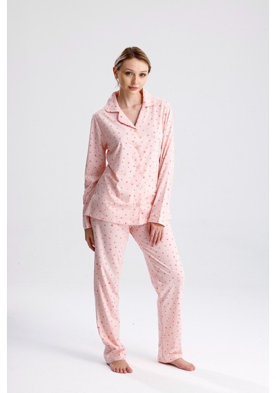 Yeni İnci Yıldız Desen Pamuk Kadın Pijama Takım Pembe