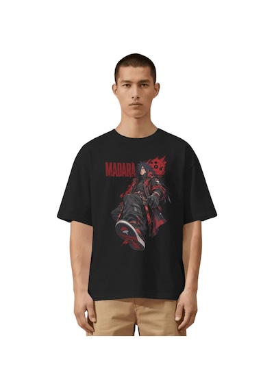 Unisex Oversize Madara Uchiha Naruto Anime Karakter Ön Baskılı Pr Siyah