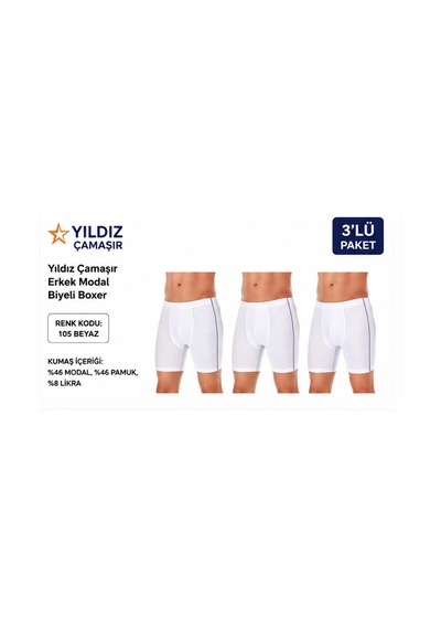Yıldız Çamaşır Erkek Modal Biyeli Boxer 105-106-107-108-109 - 3 Adet Beyaz
