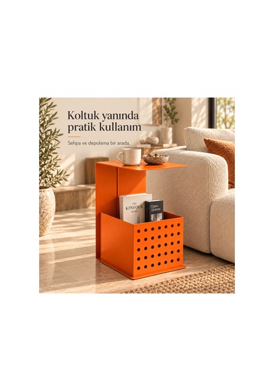 Frame Metal Yan Sehpa Modern Tasarım Depolama Hazneli Yan Sehpa Turuncu - 935176377 Turuncu