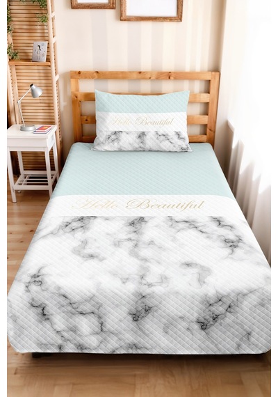 Modern Mermer Mint Genç Odası Tek Kişilik Pike Takımı - Gri Beyaz 160x220 Cm Kapitone Yatak Örtüsü Kadife Yosun Baharı