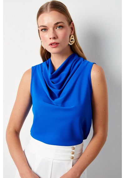 Sateen Degaje Yaka Kolsuz Bluz - Saks Mavisi