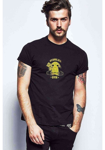 Pokemon Pikachu Gym Baskılı Siyah Erkek Tshirt