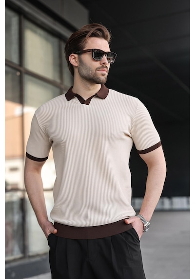 Madmext Taş Rengi Polo Yaka Triko Erkek Tişört E7464 Taş Rengi