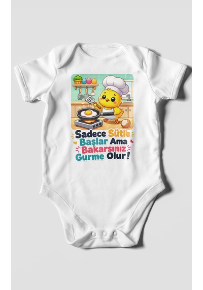 Morivokids Sadece Sütle Başlar Yazılı Kısa Kollu Bebek Body %100 Pamuk Beyaz