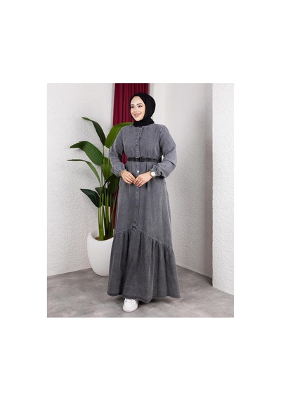 Hb Harma Time Butik Kadın Düğmeli Kuşaklı Denim Koyu Gri Kot Elbise Koyu Gri Koyu Gri