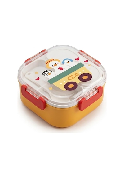 600 Ml Yemek Kabı, 4 Bölmeli Kilitli Lunch Box, Kaşık Dahil Renkli Desenli Saklama Ve Taşıma Kabı, 14x14x8 Cm Çok Renkli