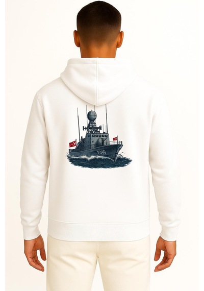 Bahriyeli Collection Kapüşonlu Tcg Doğan P-340 Cep Ve Sırt Tasarımlı Unisex Sweatshirt Beyaz