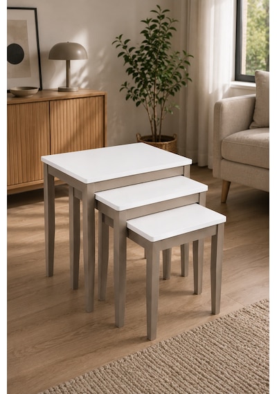 Ganni Home Briza 3 Lü Zigon Sehpa Seti Krem Platin Gürgen İskeletli, İç İçe Geçebilen Modern Ve Kullanışlı Tasarım