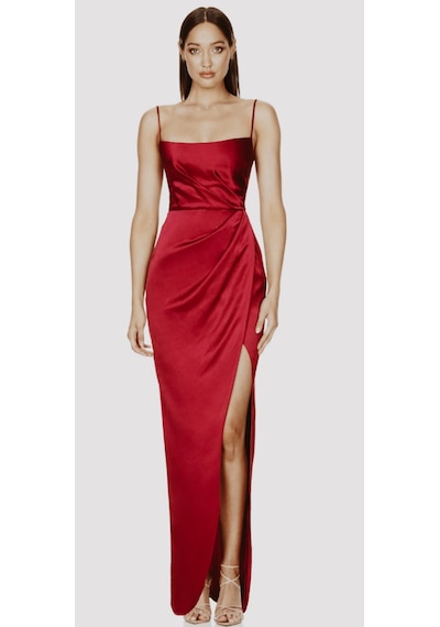 Hanife Glam Couture Hanife Glam Askılı Straplez Asetat Saten Abiye Elbise Kırmızı