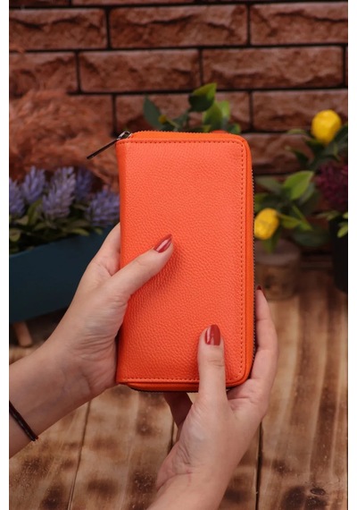 Ozka Leather Collection Telefon Bölmeli Unisex Deri Uzun Kartlık Cüzdan Portföy Turuncu