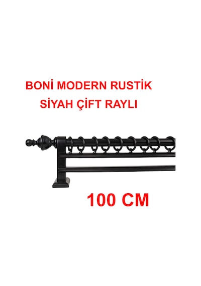 Boni Modern Rustik Ahşap Rustik Perde Askısı Çift Raylı-siyah 100 Cm Siyah