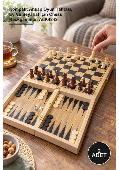 2 Adet Ahşap Satranç Ve Tavla Seti Kompakt Ahşap Oyun Tahtası, Ev Ve Seyahat İçin Chess Backgammon Alk4242