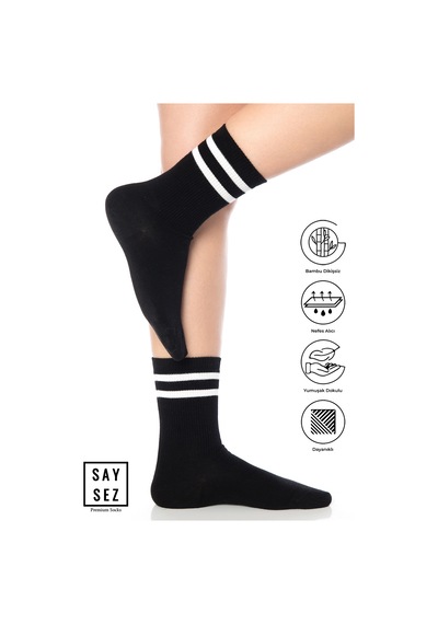 Saysez Bambu Unisex Tenis Kolej Çizgili Siyah Premium Dikişsiz Soket Çorap Siyah