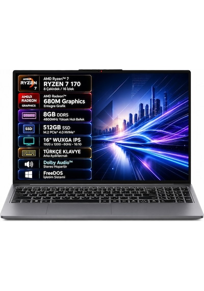 Lenovo Ideapad Slim 3 16arp10 83k800dktr Amd Ryzen 7-170 8gb 512gb Ssd 16" Ips Freedos Taşınabilir Bilgisayar