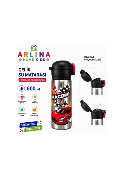 304 Paslanmaz Çelik Termos Çift İçim Modlu Kilit Kapaklı Çocuk Matarası 600 Ml Siyah
