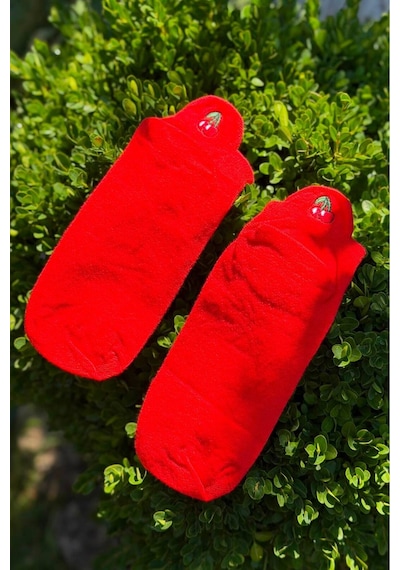 Lousocks Unisex Kiraz Nakışlı Spor Patik Çorap Kırmızı