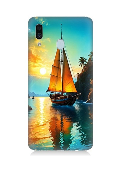 Samsung Galaxy A20 Uyumlu Gün Batımında Yelkenli Tekne Desenli Silikon Kılıf Çok Renkli