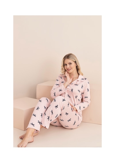 Rindahomewear Kadın Cizgili Fiyonk Desenli Milan Örme Uzun Kol Kadın Düğmeli Pijama Takımı Somon