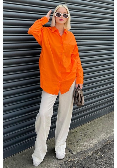 Madmext Turuncu Oversize Basic Cepli Poplin Gömlek Mg1530 Turuncu
