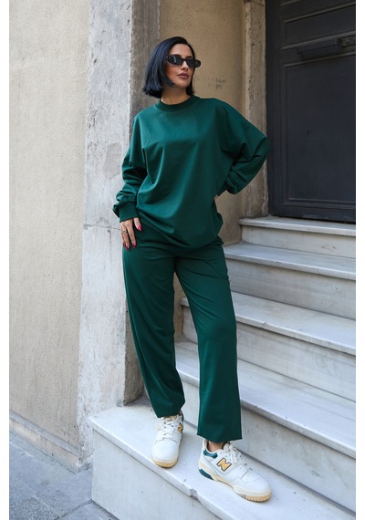 Mezka Regular Fit 2'li Takım Sweatshirt Beli Lastikli Jogger Eşofman Altı Yeşil