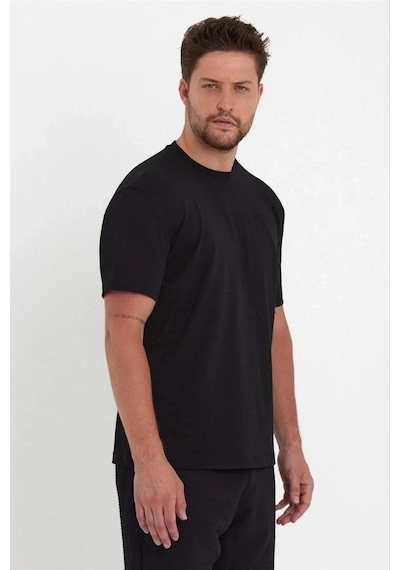 Erkek Düz Penye Tişört Bisiklet Yaka Kısa Kol Regular Fit T-shirt - Siyah