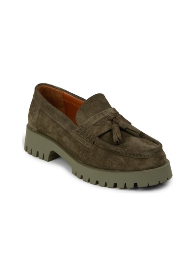 Deery Kadın Hakiki Süet Haki Püsküllü Loafer - 02035zhakc03