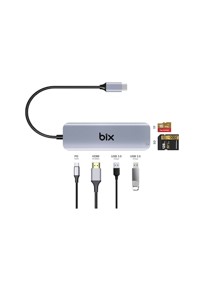 Bix BX09HB 5Gbps Type-C to TF SD Kart Okuyucu PD USB 3.0 4K HDMI Hub Çoklayıcı Dönüştürücü Adaptör