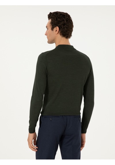 Cacharel Haki Slim Fit Yün Karışımlı Çeyrek Balıkçı Yaka Basic Triko Kazak Yesıl