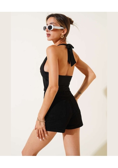 Intive V Yaka Çıkarılabilir Padli Boyundan Bağlamalı Croptop/büst Siyah
