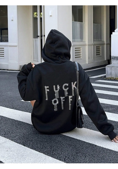 Afri Kadın Siyah Oversize Kapüşonlu Sweatshirt Taş Detaylı F Ck Off Yazılı Rahat Günlük Kapüşonlu Üst Siyah