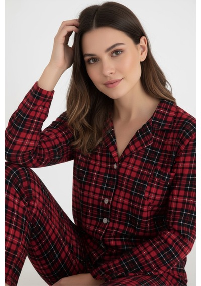 Luxury Soft Kırmızı Ekose Desenli Uzun Kollu Kadın Pijama Takımı 3063 Bordo