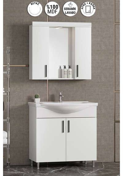 Özceden Leylak 80 Cm Beyaz Mdf Seramik Lavabolu Asma Banyo Alt Dolabı