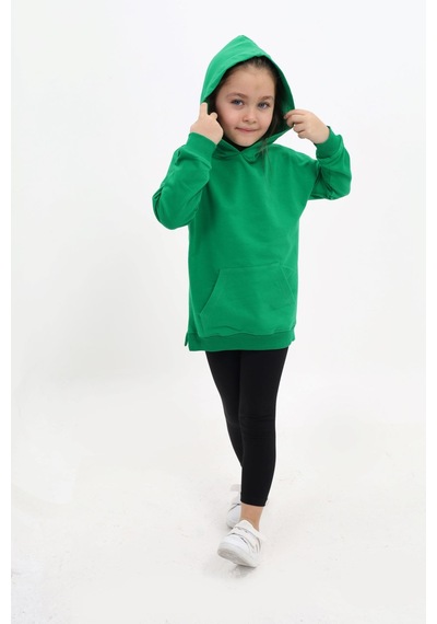 Toontoy Kids Toontoy Kız Çocuk 2'li Takım Baskılı Kapüşonlu Düşük Omuz Cepli Yırtmaçlı Sweatshirt & Basic Düz Tayt Çimen Yeşili