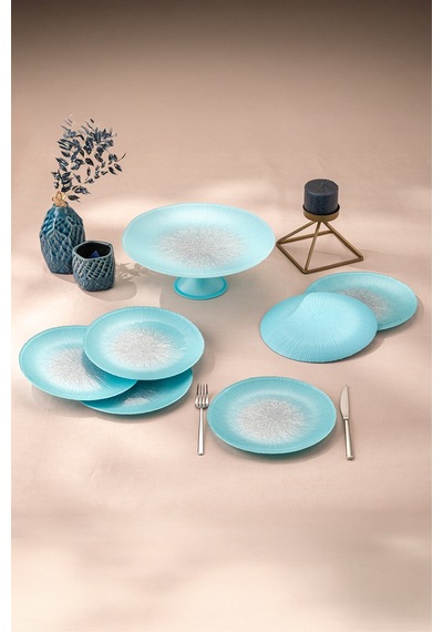 Emsan Pastel 7 Parça Cam Pasta / Tatlı Seti Mavi Mavi