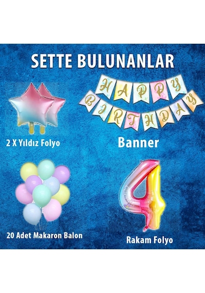 Gökkuşağı Konsepti 4 Yaş Doğum Günü Parti Kutlama Seti Rakam Ve