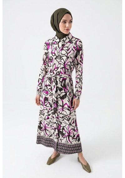 Armine Trend Beli Kemerli Ve Boydan Düğmeli Desenli Tunik Pembe 25yt421