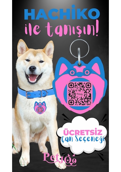 Petjoo 19.Hachiko Pembe-Mavi Qr'lı Köpek Künyesi