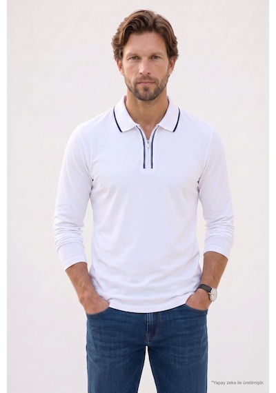 Tudors Erkek Slim Fit Dar Kesim %100 Pamuk Uzun Kollu Fermuarlı Beyaz Polo Yaka Tişört-52785