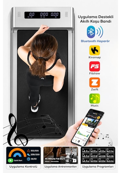 130kg Taşıma Kapasiteli Bluetoothlu Uygulamadan Ayarlanabilir Uzaktan Kumandalı Yürüme Ve Koşu Bandı Ev Ofis Yazlık Sağlıklı Yaşam Spor Gym Fitnnes