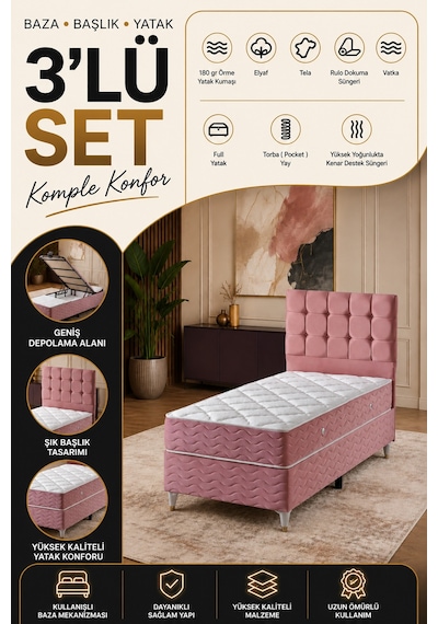 90x190 Bengü Tek Kişilik Set Baza Başlık Yatak 90 x 190